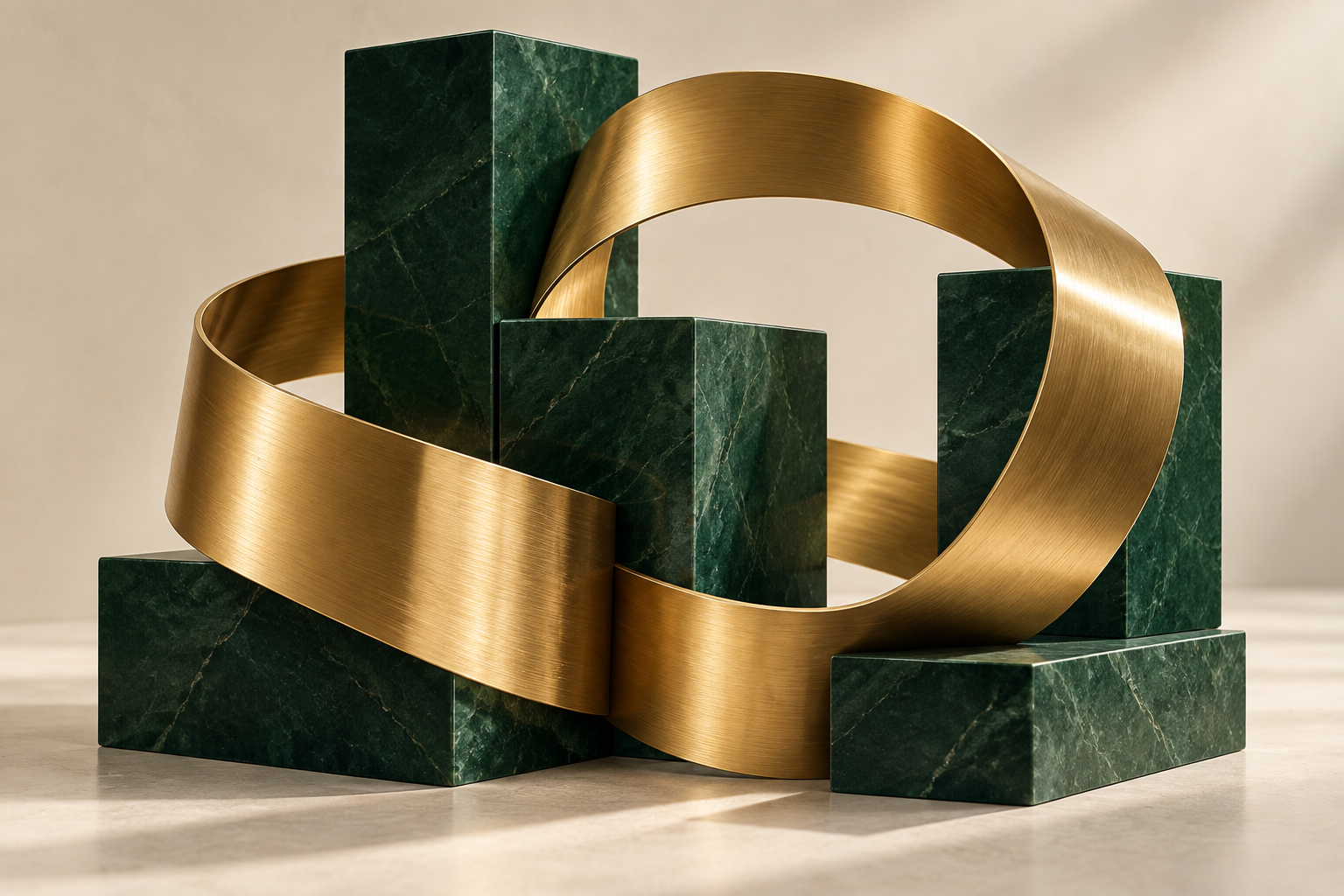A sculptural gold ribbon weaving between deep green blocks